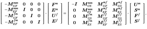 $\displaystyle \left[ \begin{array}{cccc} -\bm{M}_{UF}^{mm} & \bm{0} & \bm{0} & ...
...ray}{c} \bm{U}^{m}\\ \bm{S}^{m}\\ \bm{F}^{f}\\ \bm{S}^{f} \end{array} \right] .$