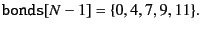 $\displaystyle {\tt bonds}[N-1] = \{0, 4, 7, 9, 11\}.$